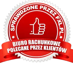 Czerwona pieczęć z kciukiem w górę i napisem "Biuro rachunkowe polecane przez klientów".