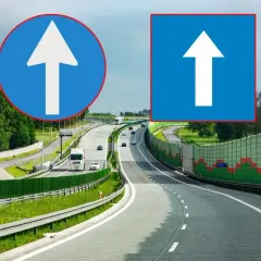 Dwa znaki drogowe: okrągły i kwadratowy, oba z białymi strzałkami w górę na niebieskim tle. Wskazują drogę jednokierunkową.