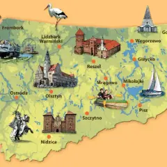 Mapa turystyczna Warmia i Mazury z zamkami, jeziorami, żaglówką, kajakami i bocianem.
