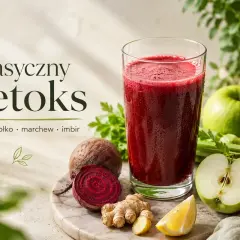 Klasyczny detoks: sok z buraka, jabłka, marchwi i imbiru. Odkryj jego właściwości.