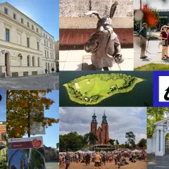 Kolaż zdjęć z Wielkopolski: budynki, pomnik krasnala, wyspa, kościół, zamek, skansen. Odkryj piastowski trakt rowerowy!