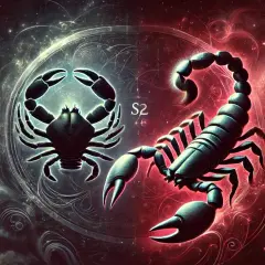 Rak i skorpion, dwa znaki zodiaku, w kosmicznej scenerii. Lewa strona ciemna, prawa ognista.