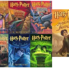 Okładki książek autorstwa J.K. Rowling, w tym "Kamień Filozoficzny", "Komnata Tajemnic", "Więzień Azkabanu", "Czara Ognia", "Zakon Feniksa", "Książę Półkrwi" i "Insygnia Śmierci".