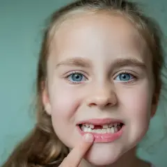 Uśmiechnięta dziewczynka z niebieskimi oczami pokazuje brakujący ząbek. Czy mleczaki mają korzenie? Tak, i zaraz wyrośnie nowy!