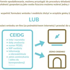 Jak założyć działalność przez internet? Schemat pokazuje dwie ścieżki: wizytę w urzędzie lub wypełnienie wniosku online. CEIDG wymaga danych osobowych.