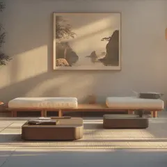 Minimalistisches Wohnzimmer mit niedrigen Holzmöbeln, einem japanischen Wandbild und viel Tageslicht. Perfekte wohnzimmer inspirationen für Ruhe und Entspannung.