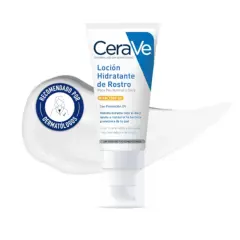 Loción hidratante CeraVe con SPF 50, recomendada por dermatólogos. Sus ceramidas esenciales ayudan a restaurar la barrera de la piel.