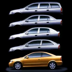 Pięć wersji Opla Astry G: kombi, sedan, hatchback, coupe i sportowe coupe 1.6 16v w kolorze złotym.