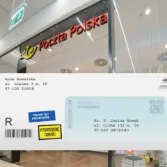Awizo Poczty Polskiej. Sprawdź nadawcę Anny Kowalskiej z Torunia, odbierając przesyłkę dla Janiny Nowak z Gniezna.