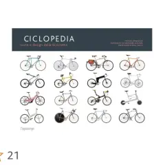 Książka "Ciclopedia" prezentuje ikony i design roweru po włosku. Wiele różnych modeli rowerów, od klasycznych po nowoczesne, ułożonych w siatce.
