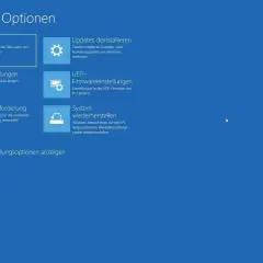 Erweiterte Optionen: Starthilfe, Starteinstellungen, Eingabeaufforderung, Updates deinstallieren, UEFI-Firmwareeinstellungen, System wiederherstellen. Hier können Sie Windows Updates deinstallieren.