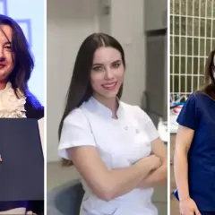 Trzy kobiety w strojach zawodowych, prawdopodobnie dentystki, w kadrze.