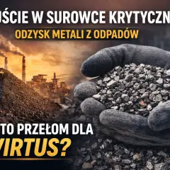 Ręce w rękawicach trzymają surowiec, w tle przemysł i hałda. Czy to przełom dla Virtus? Notowania surowców krytycznych.