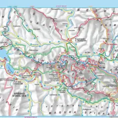 Mapa turystyczna Pienińskiego Parku Narodowego z zaznaczonymi szlakami, szczytami i ciekawostkami, np. zamkami w Niedzicy i Czorsztynie.