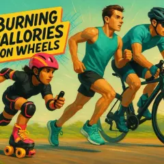 Dzieci i dorośli uprawiają sport, spalając kalorie na rolkach i rowerze.