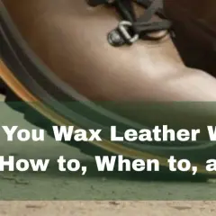 Close-up of brown leather walking boots, with text overlay asking "Should You Wax Leather Walking Boots? How to, When to, and Why.