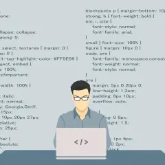 Programista przy laptopie, kod CSS na ekranie. Wyszukiwanie na stronie skrót.