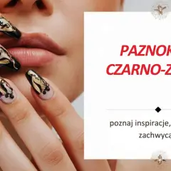 Eleganckie paznokcie czarne ze złotym zdobieniem, przypominające skrzydła motyla. Inspiracja dla odważnych.