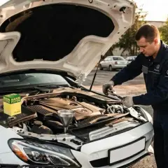 Mecánico realiza mantenimiento a de Mercedes, con capó abierto y caja de filtros a la vista.