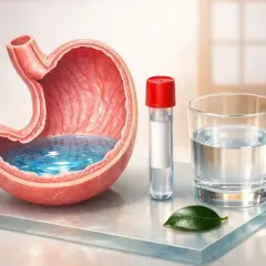 Przed badaniem krwi można pić wodę. Na ilustracji żołądek z wodą, probówka i szklanka wody.