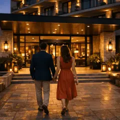 Para, trzymając się za ręce, idzie w stronę oświetlonego hotelu. Idealne miejsce na miasto na weekend we dwoje.