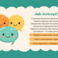 Trzy uśmiechnięte dymki dialogowe, jakby w gąszczu szczawiu we wrzeszczu, zachęcają do ćwiczenia łamańców językowych.