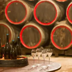 Bouteilles de champagne et verres sur un tonneau, prêts pour une visite de cave. Au fond, des fûts de chêne empilés.