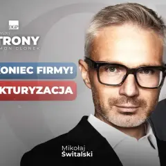 Dwóch mężczyzn, jeden w okularach, z napisem "Restrukturyzacja co to". To nie koniec firmy, to szansa na nowy początek.