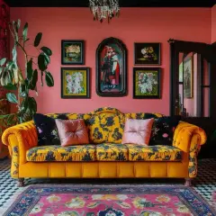 A vibrant living room showcasing maximalist art, with a yellow patterned sofa, pink pillows, and a bold floral rug.