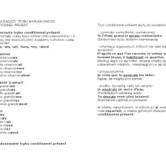 Fragment tekstu po francusku i polsku o tworzeniu i zastosowaniu trybu warunkowego (conditionnel présent).