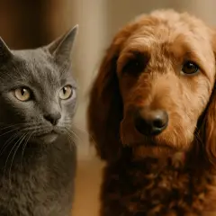 A grey cat and a golden doodle dog look into the camera. They seem to be pondering if cats live longer than dogs.