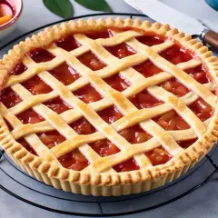 Torta con ripieno di frutta e griglia di pasta frolla classica, pronta per essere gustata.