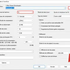 Fenêtre d'ajout d'archive 7z, montrant les options de compression et de chiffrement. L'avantage format archive 7z est sa flexibilité.