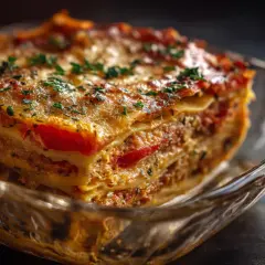 En saftig bit nyttig lasagne med lager av pasta, köttfärs och tomatsås, toppad med smält ost och persilja.