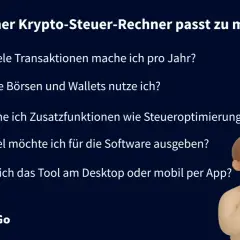 Fragen zur Auswahl der richtigen Krypto-Steuer-App: Transaktionen, Börsen, Wallets, Zusatzfunktionen, Kosten und Nutzung per App oder Desktop.