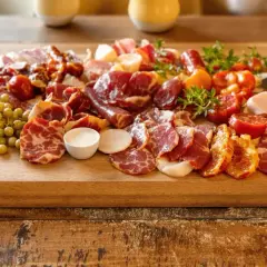 Plateau de charcuterie variée pour une raclette originale, avec différentes viandes, raisins et tomates cerises.