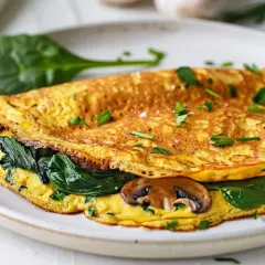 En gyllene omelett fylld med spenat och champinjoner, perfekt för ett snabbt omelett recept.