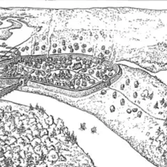 Wczesnośredniowieczny gród, dawny bastion w Kołobrzegu, otoczony wałami, z mostem i rzeką.