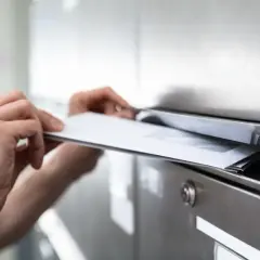 Ręce wkładają koperty do skrzynki pocztowej. To ważna awizacja, która czeka na odbiór.
