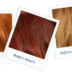 Tres muestras de cabello: cobre brillante, auburn moderno y fresa sutil.