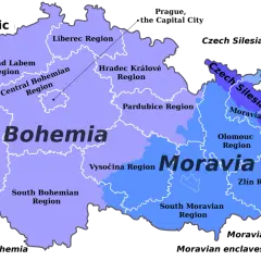 Mapa Czech z podziałem na regiony. Widoczne są Morawy, Czechy właściwe i Śląsk Czeski.