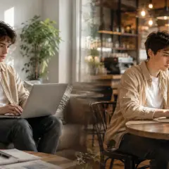 Junger Mann arbeitet am Laptop, einmal zu Hause, einmal im Café. Viele Möglichkeiten für 100 Home Office Jobs.