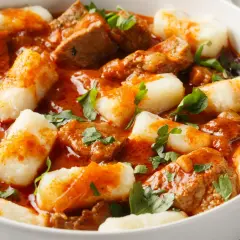 Pyszne kopytka z gulaszem, bogato doprawione i posypane świeżą natką pietruszki, kuszą apetycznym wyglądem.