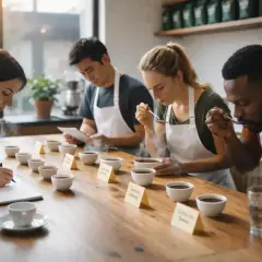 Ludzie oceniają kawę podczas sesji cuppingowej. Kobieta notuje, inni próbują napoju.