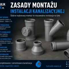 Różne kształtki i średnice rur pcv do instalacji kanalizacyjnej, prezentujące zasady prawidłowego montażu.