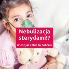Dziewczynka z maską nebbud na twarzy, przytulająca misia. Obok stoi inhalator. Czy wiesz, jak prawidłowo przeprowadzić nebulizację sterydami?