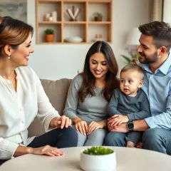 Rodzina rozmawia o tym, kto płaci za kuratora przy kontaktach z dzieckiem. Uśmiechnięci rodzice i dziecko siedzą na kanapie.