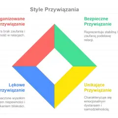 Diagram przedstawia cztery style przywiązania: bezpieczne, lękowe, unikające i zdezorganizowane. Unikające przywiązanie charakteryzuje dystans.