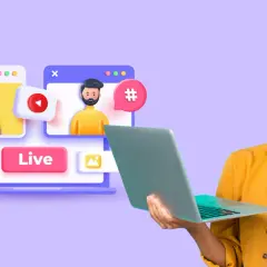 Frau mit Laptop denkt über ihren Fernkurs Buchhaltung nach. Online-Lernen mit Live-Videos und Chat-Funktion.