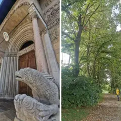 Fidenza cosa vedere: imponente Duomo con leoni stilofori e un sentiero alberato con una persona.